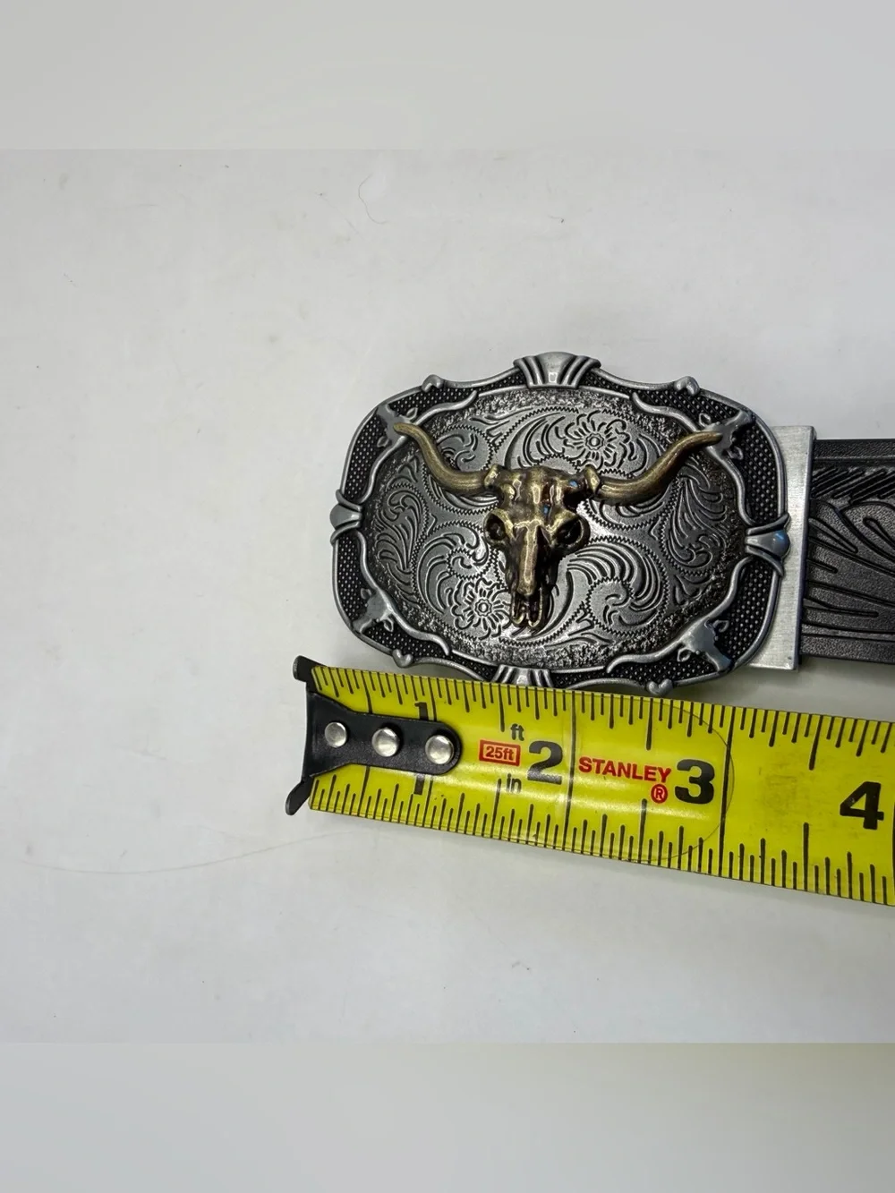 Western Cowboy Black Belt Longhorn Steer Skull Buckle 50” Rodeo Ranch Style